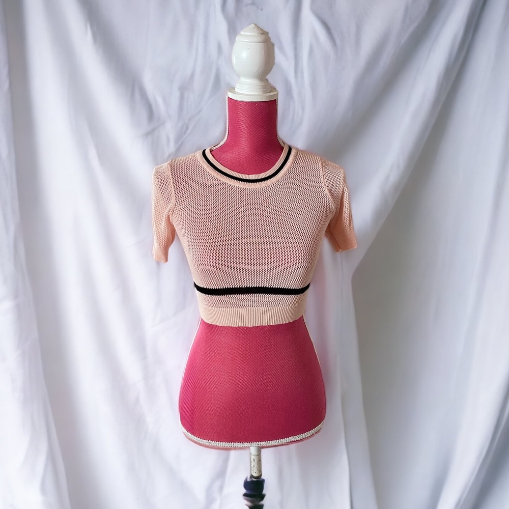 New LA Bobbi Rocco Los Angeles Knit Pink & Black Crop Cropped Women’s Top S